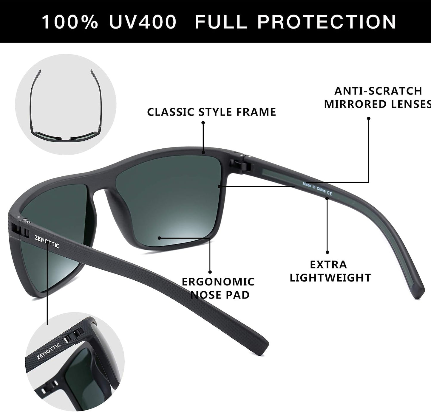 ZENOTTIC Polarized Sunglasses for Men – Lightweight TR90 Frame, UV400, Square