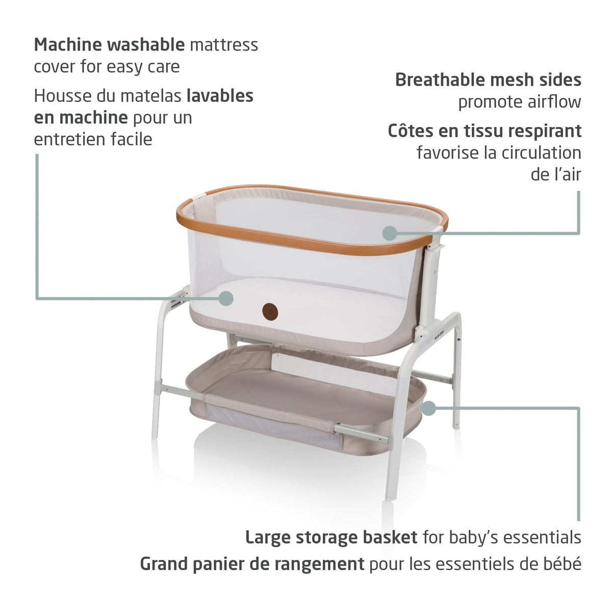 Maxi-Cosi Iora Bedside Bassinet , infant bedside sleeper crib, 4 height positions, portable & folds flat, large storage basket, includes travel bag, Horizon Sand 🍁 All In One Marketplace Canada