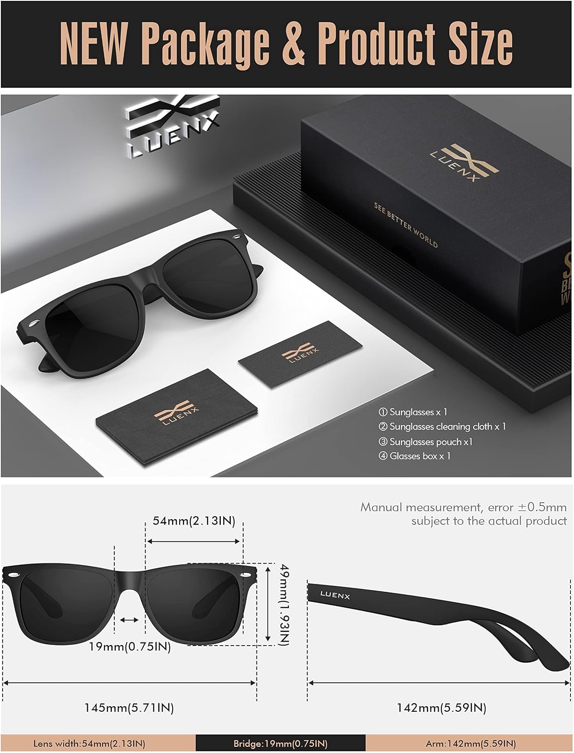 LUENX Polarized Sunglasses – UV400, Square Frame, Anti-Slip, Men & Women
