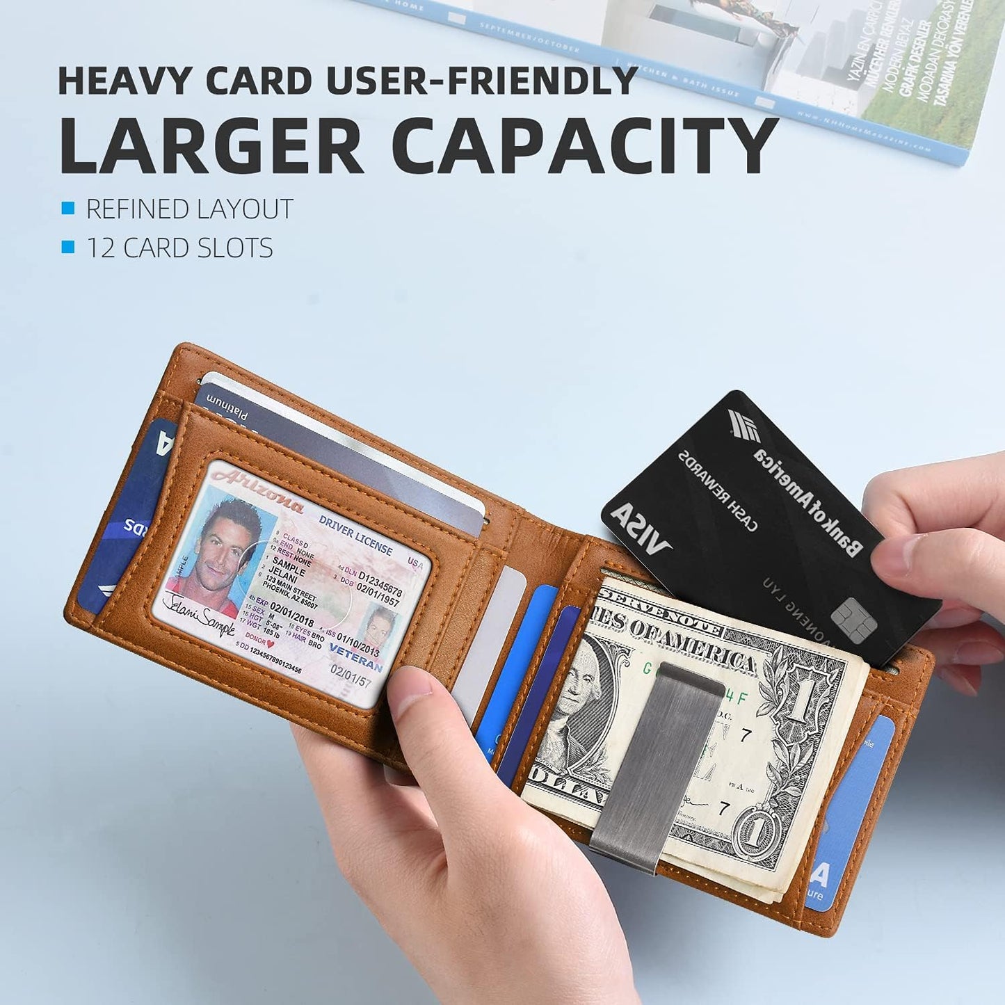 Zitahli Slim RFID Wallet for Men – Leather Bifold with Money Clip, 12 Card Slots