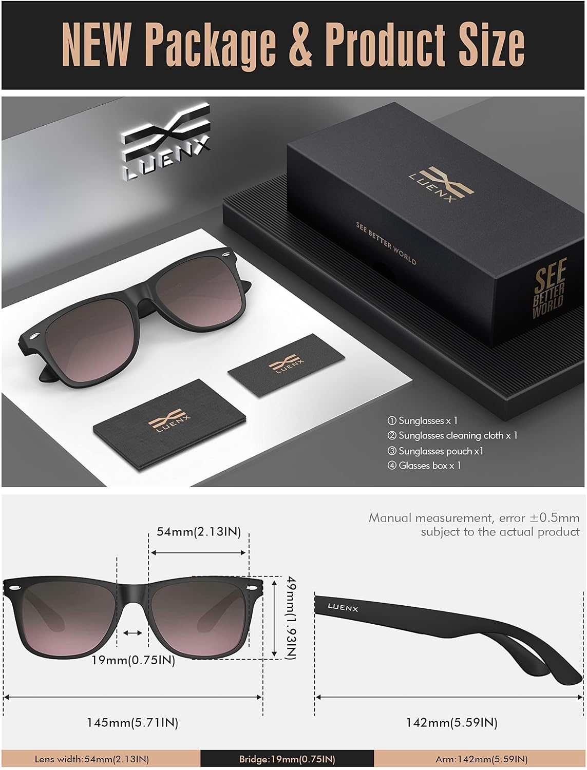 LUENX Polarized Sunglasses – UV400, Square Frame, Anti-Slip, Men & Women