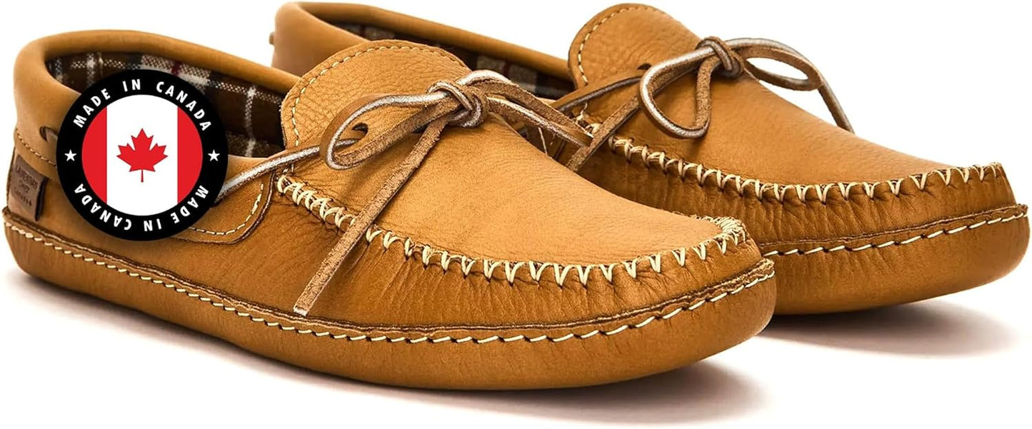 Men's Leather Moccasin Slippers – Handcrafted in Canada, Plaid Insole, Soft Sole