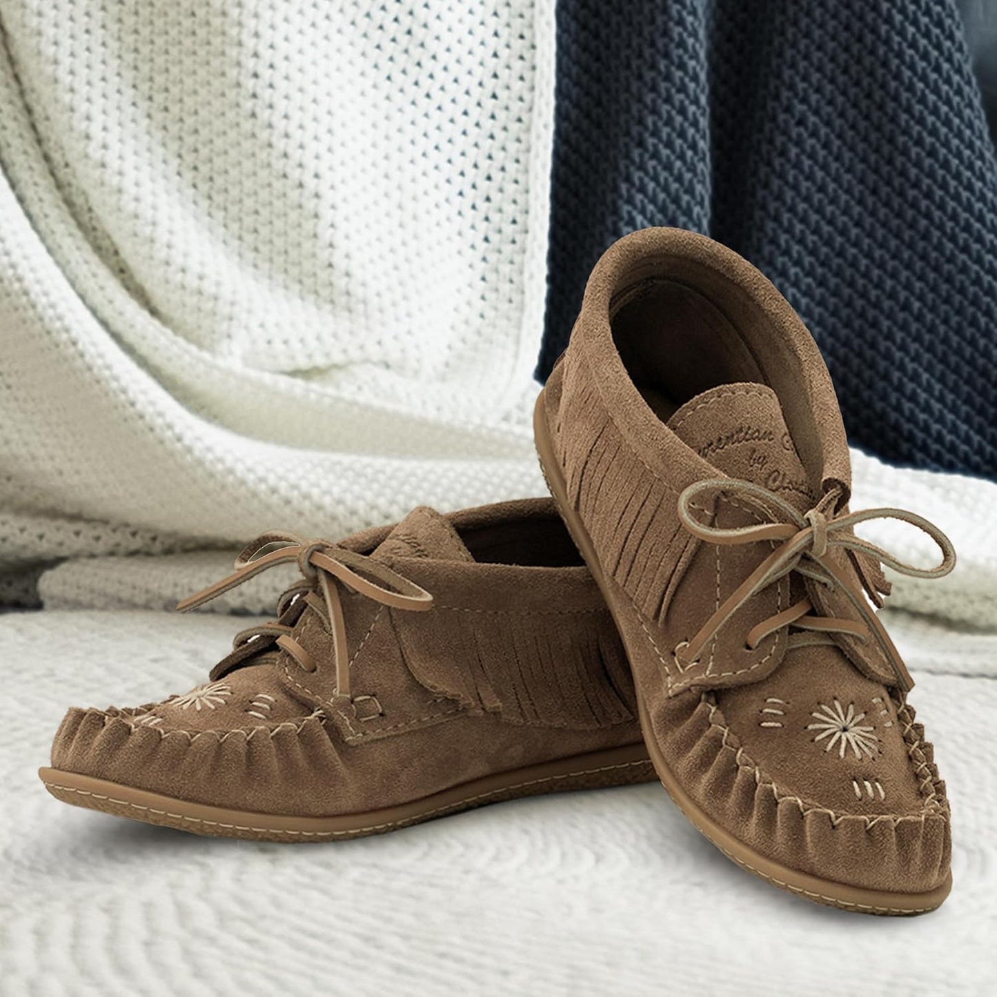 Women's Leather Moccasin Ankle Boots – Handcrafted in Canada, Inca Embroidery, Rubber Sole