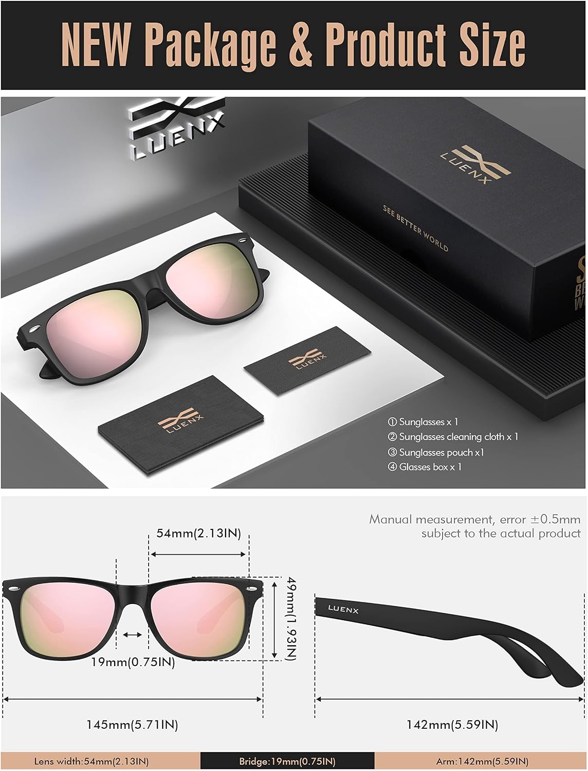 LUENX Polarized Sunglasses – UV400, Square Frame, Anti-Slip, Men & Women