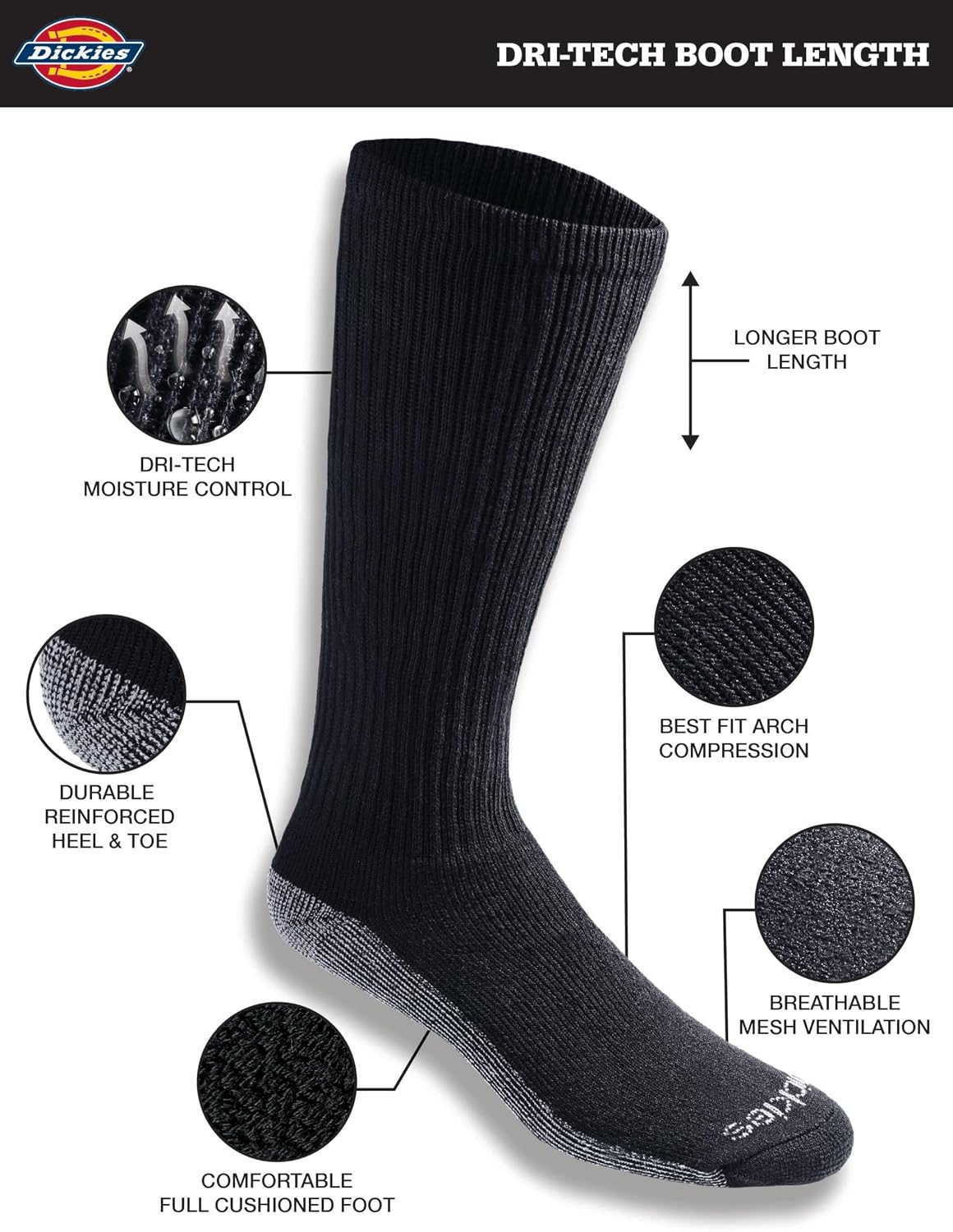 Dickies Men's Dri-Tech Moisture Control Boot Socks – Multi-Pack