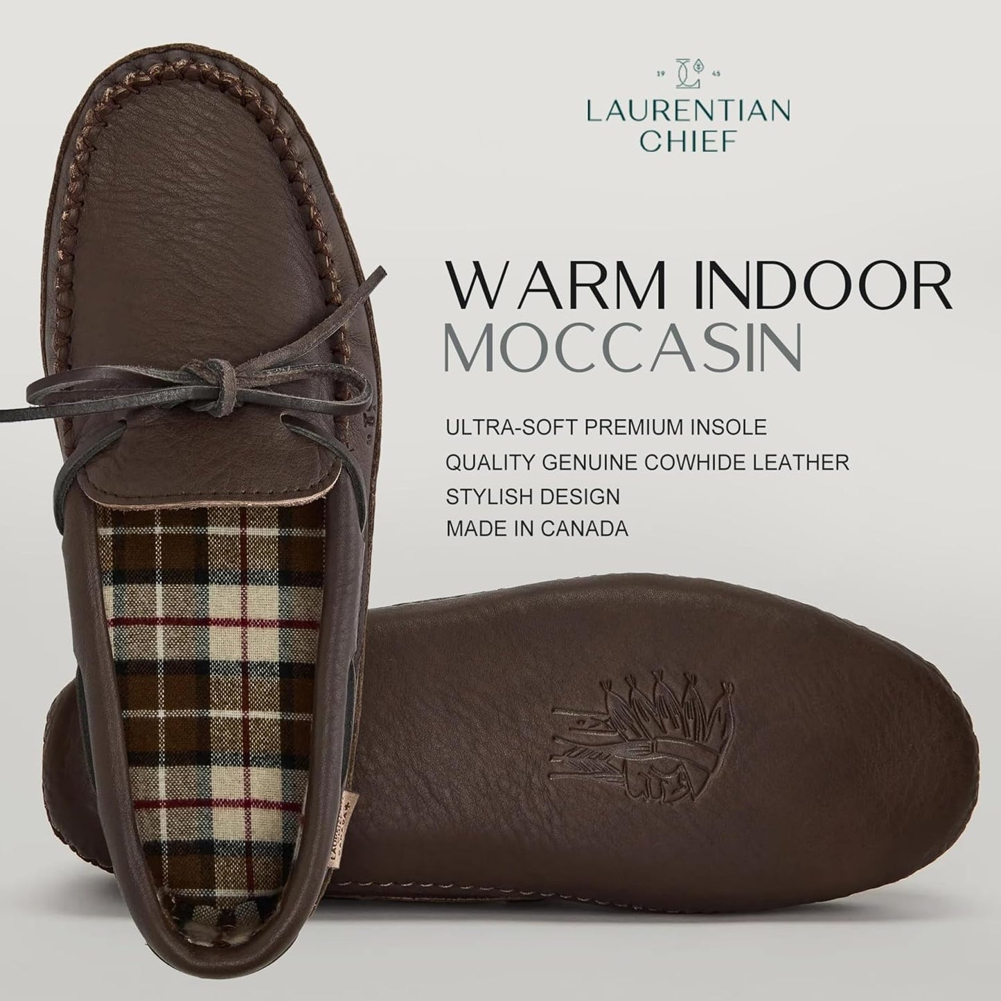 Men's Leather Moccasin Slippers – Handcrafted in Canada, Plaid Insole, Soft Sole
