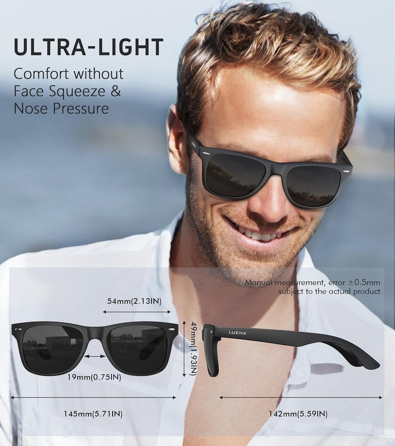 LUENX Polarized Sunglasses – UV400, Square Frame, Anti-Slip, Men & Women