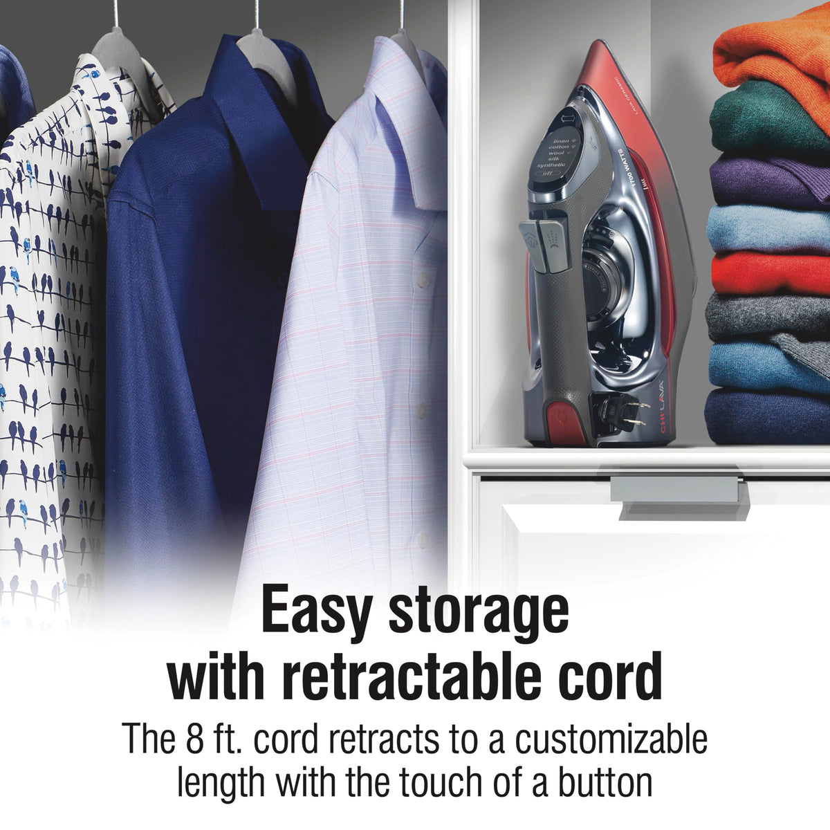 CHI Steam Iron for Clothes with 8’ Retractable Cord, 1700 Watts, 3-Way Auto Shutoff, 400+ Holes, Professional Grade, Temperature Control Dial, Lava Infused Ceramic Soleplate, Black (13113) 🍁 All In One Marketplace Canada