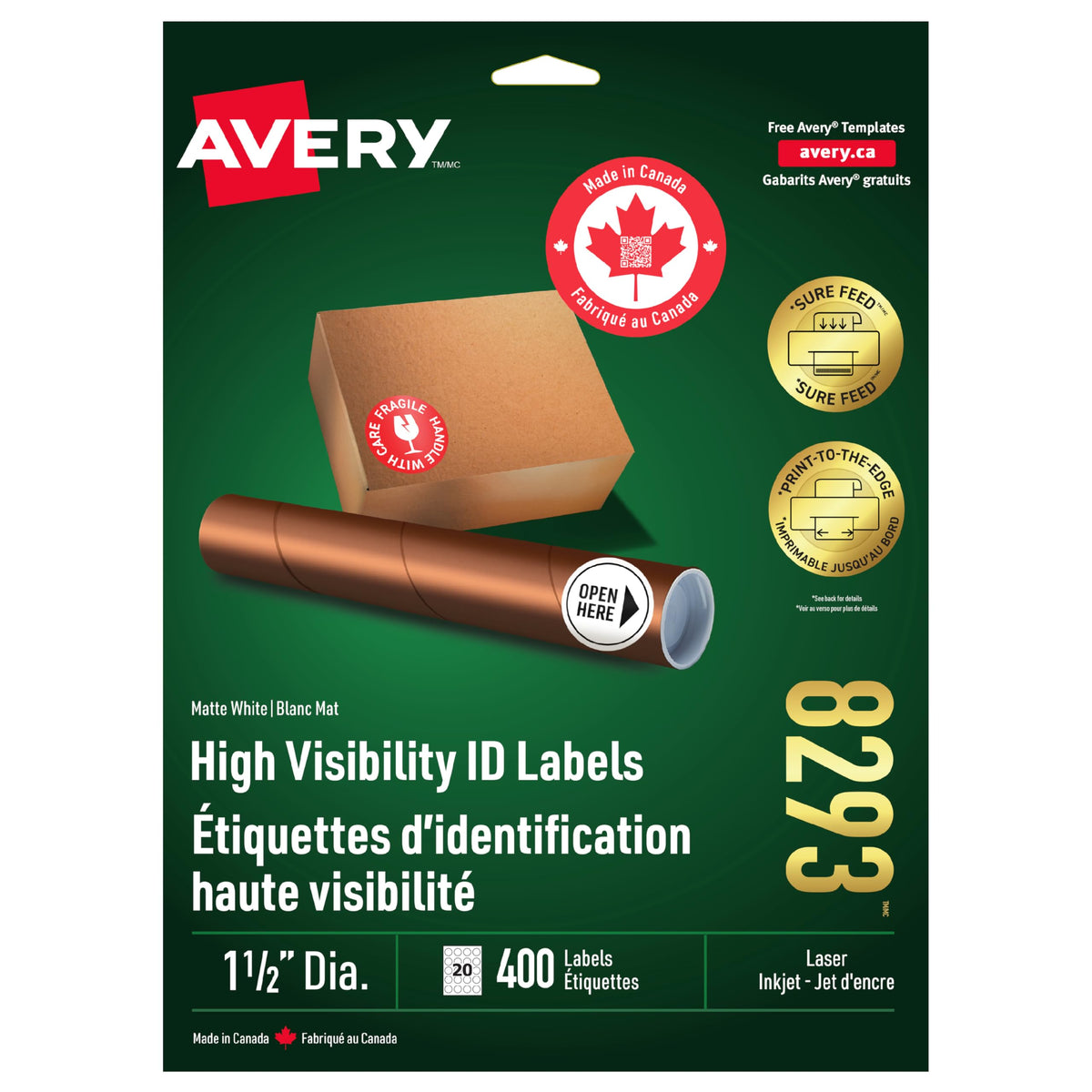 Avery High Visibility Labels with Surefeed Technology, Print to The Edge 1.5" Dia. White Round Permanent Labels, for Laser/Inkjet Printers, 400 Labels, (8293), Made in Canada 🍁 All In One Marketplace Canada