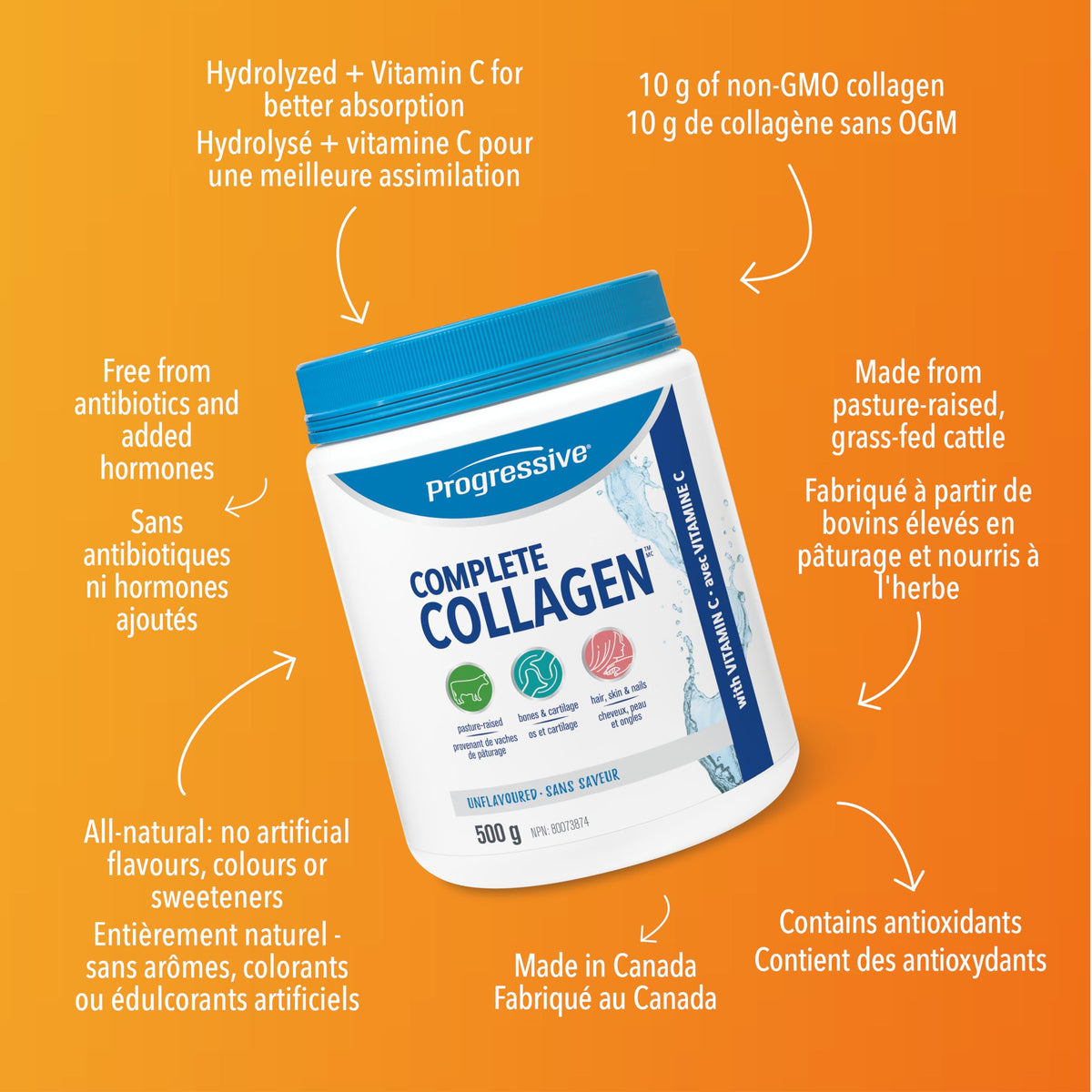 Progressive Complete Collagen Unflavoured, Canadian-Made, for Healthier Hair, Skin, Nails and Joints. Grass-Fed Non-GMO with Antioxidants, Hydrolyzed with Vitamin C for Best Absorption, 500 g 🍁 All In One Marketplace Canada
