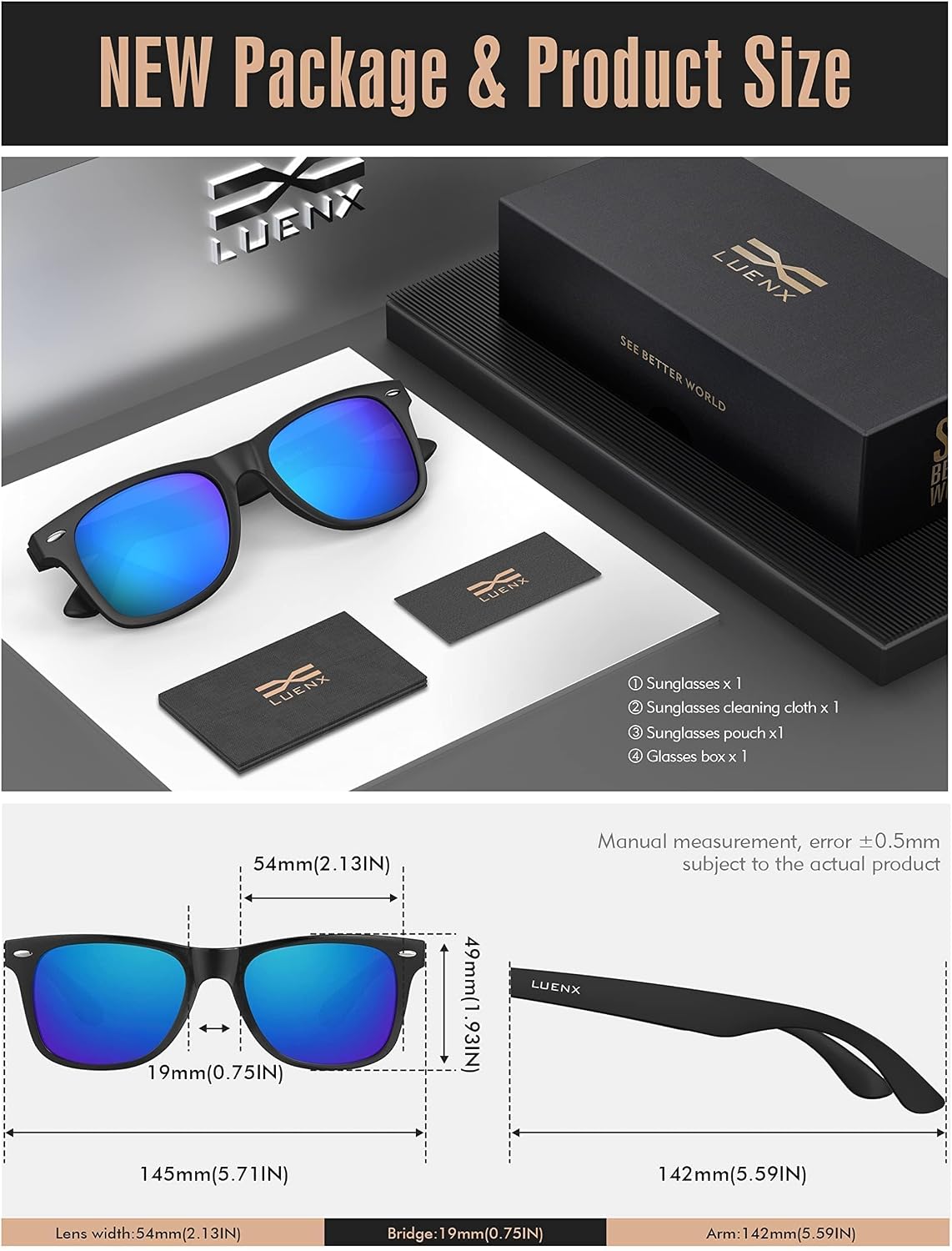 LUENX Polarized Sunglasses – UV400, Square Frame, Anti-Slip, Men & Women