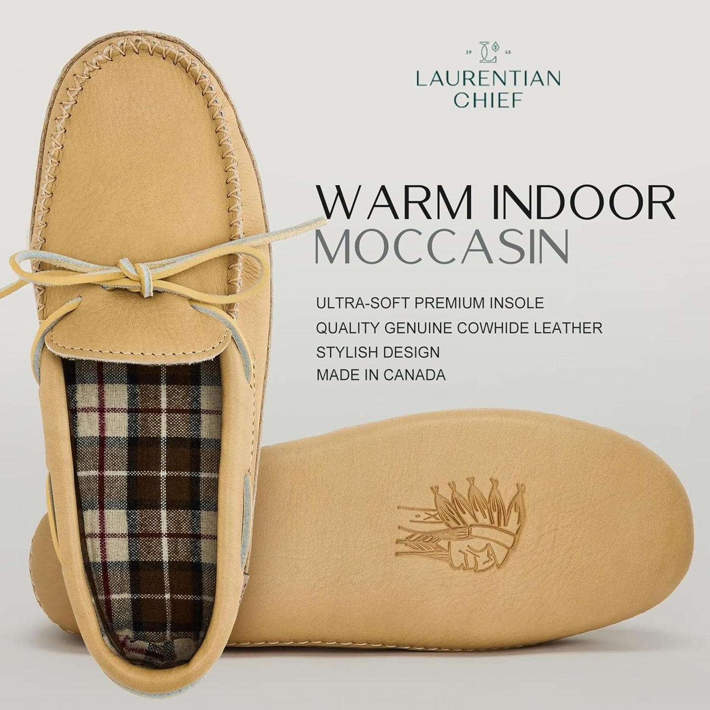 Men's Leather Moccasin Slippers – Handcrafted in Canada, Plaid Insole, Soft Sole