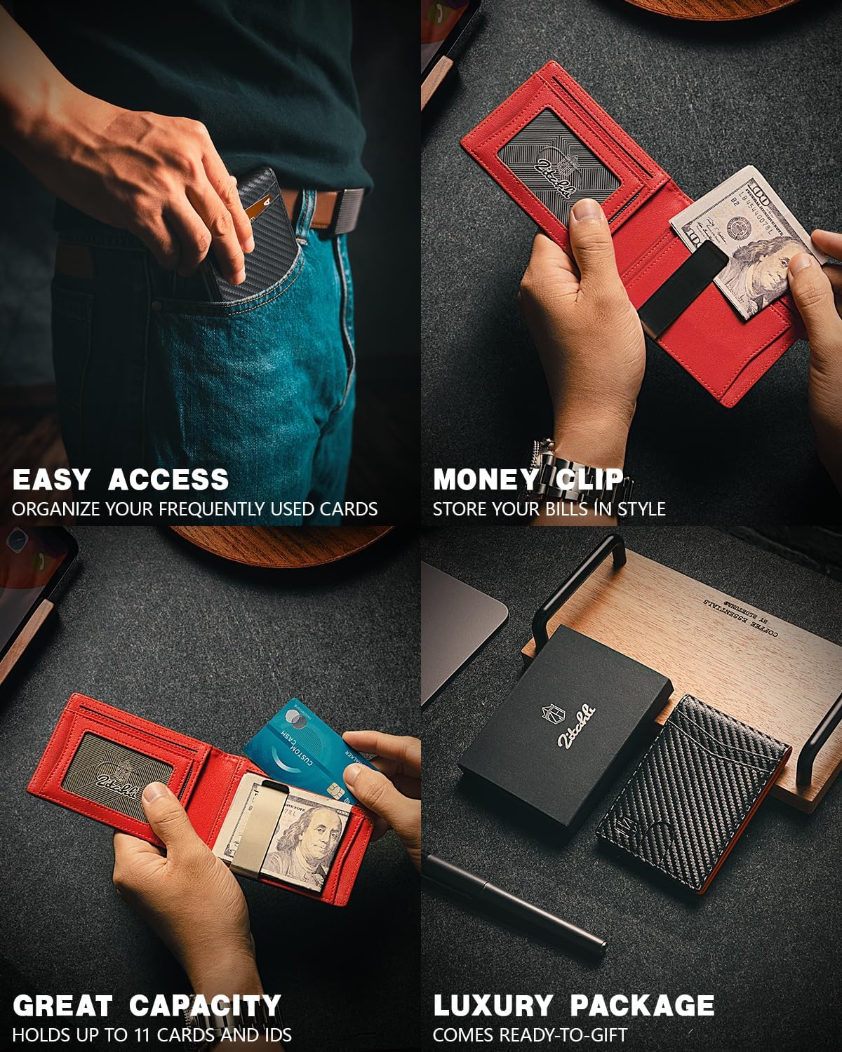 Zitahli Slim RFID Wallet for Men – Leather Bifold with Money Clip, 12 Card Slots