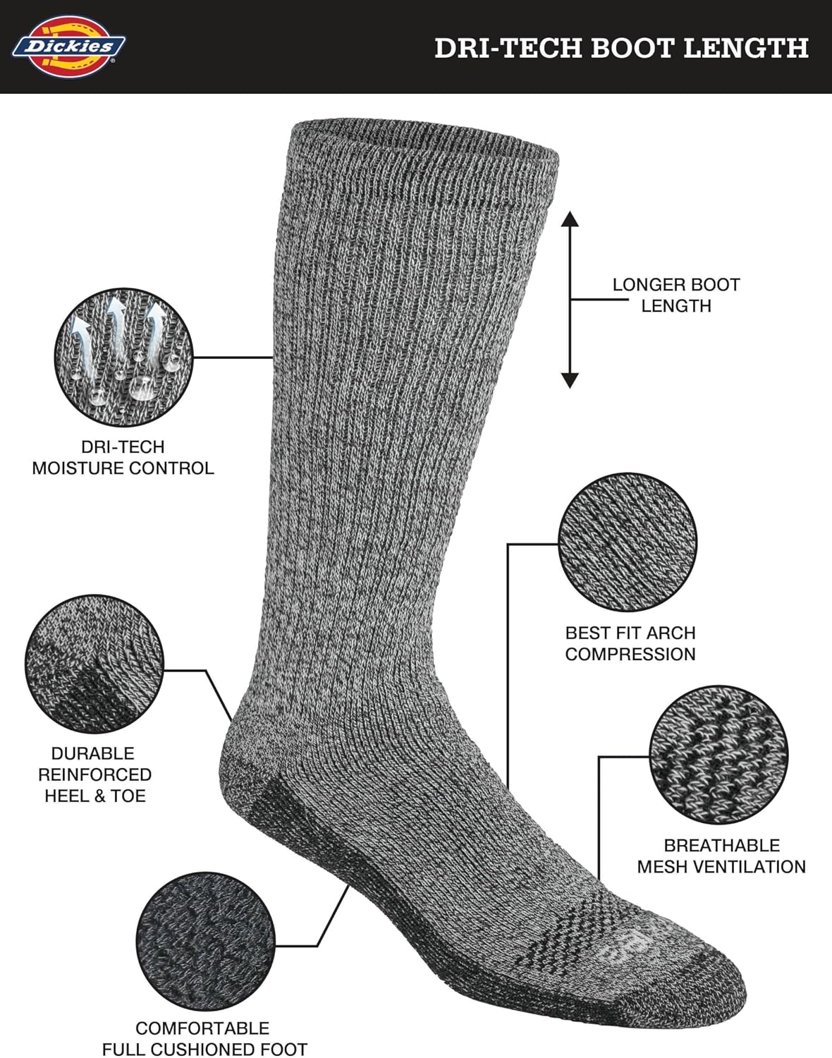 Dickies Men's Dri-Tech Moisture Control Boot Socks – Multi-Pack