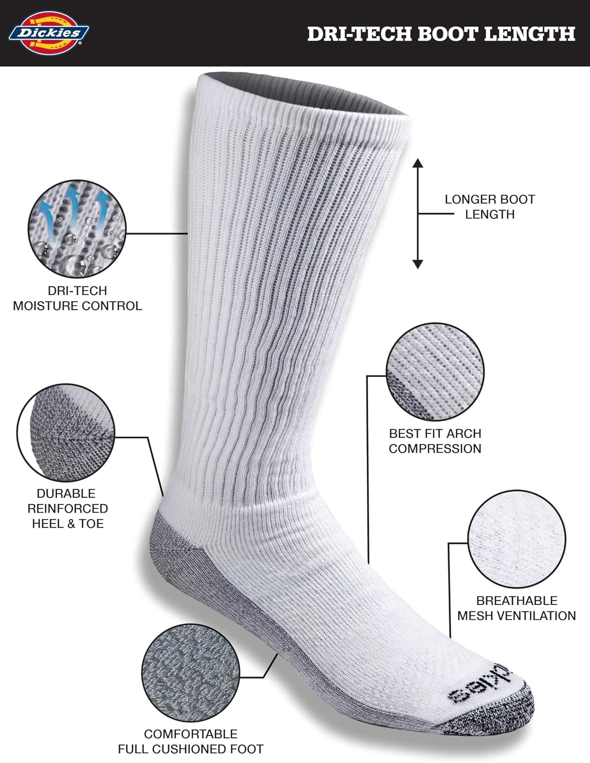 Dickies Men's Dri-Tech Moisture Control Boot Socks – Multi-Pack