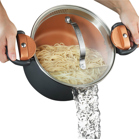 Gotham Steel 5 Quart Stock Pot with Strainer Lid, Nonstick Coated Ceramic Pot, Soup Pot, Pasta Pot with Strainer Insert, Cooking Pot with Lid and Twist Lock Handles, Dishwasher Safe, 100% Toxin Free 🍁 All In One Marketplace Canada