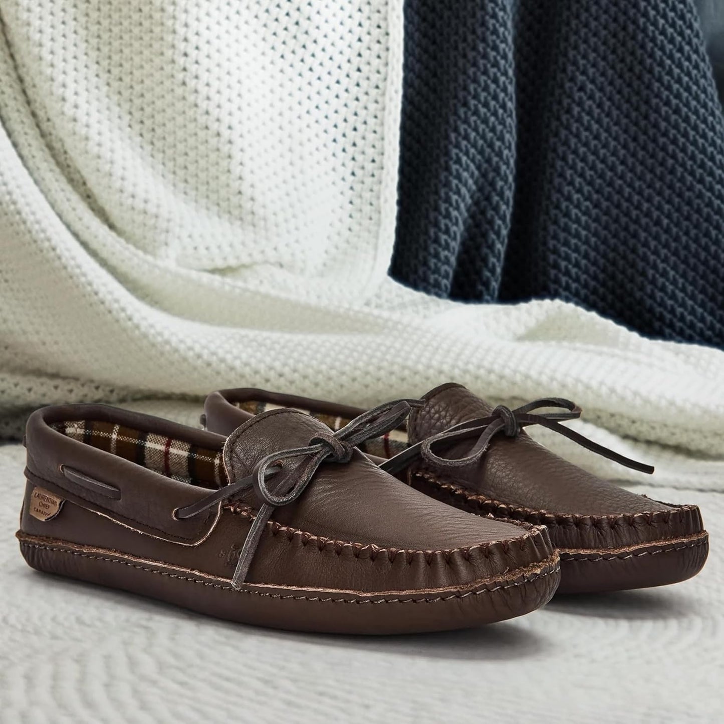 Men's Leather Moccasin Slippers – Handcrafted in Canada, Plaid Insole, Soft Sole