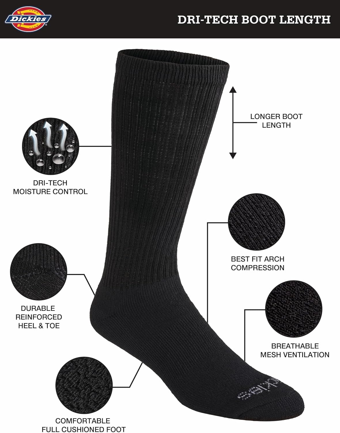 Dickies Men's Dri-Tech Moisture Control Boot Socks – Multi-Pack