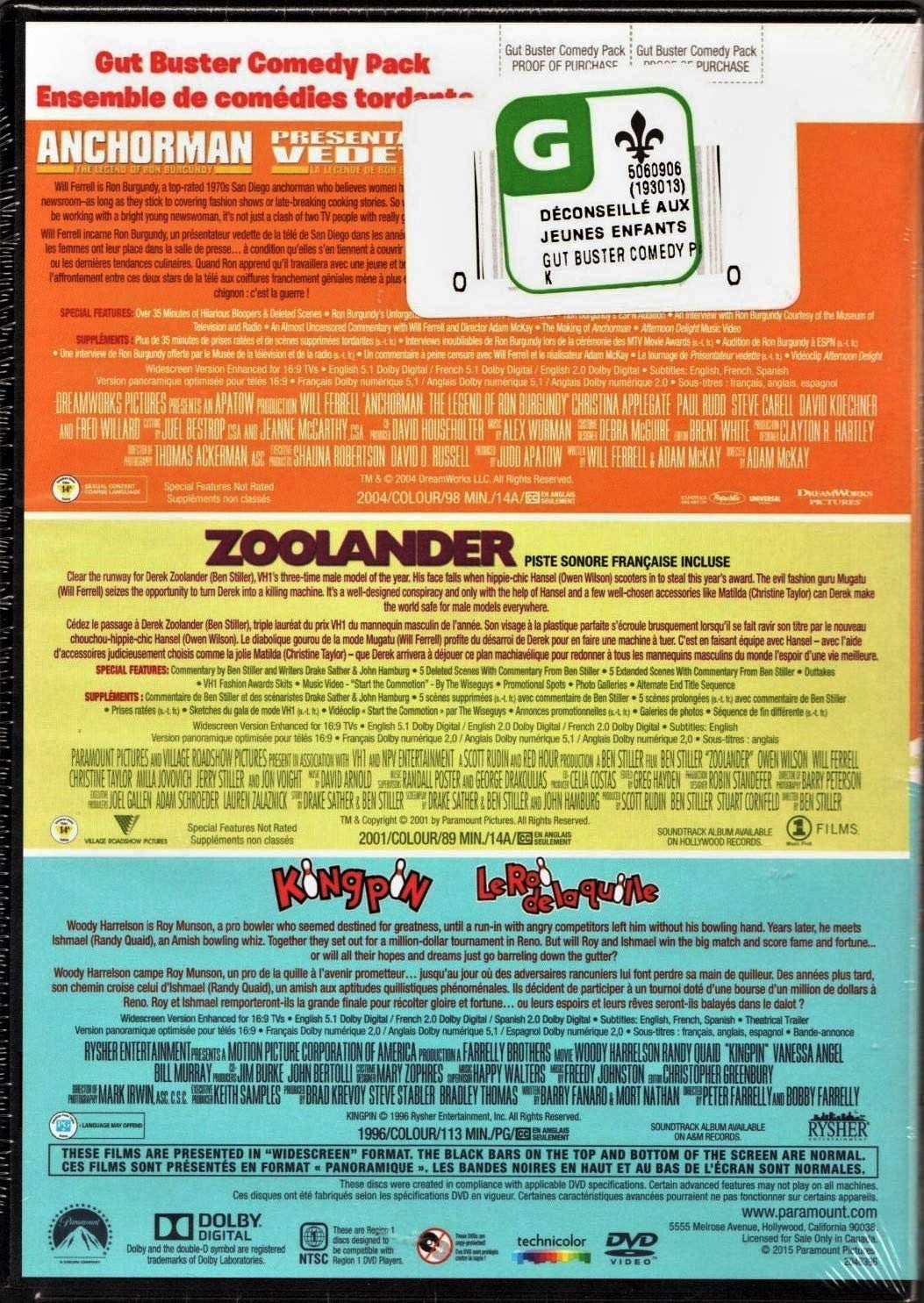 Kingpin (1996) + Zoolander + Anchorman 1: The Legend of Ron Burgundy - DVD