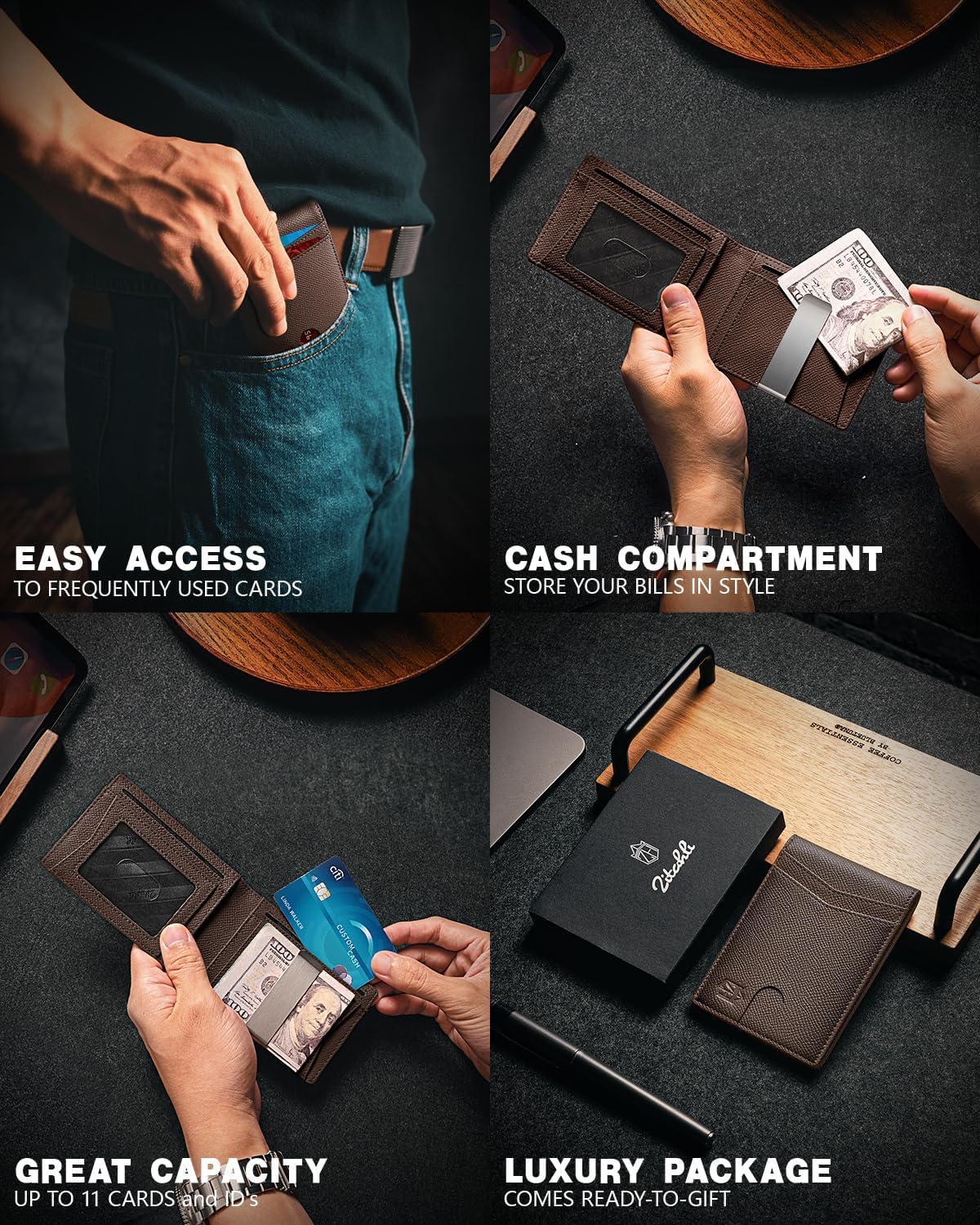 Zitahli Slim RFID Wallet for Men – Leather Bifold with Money Clip, 12 Card Slots