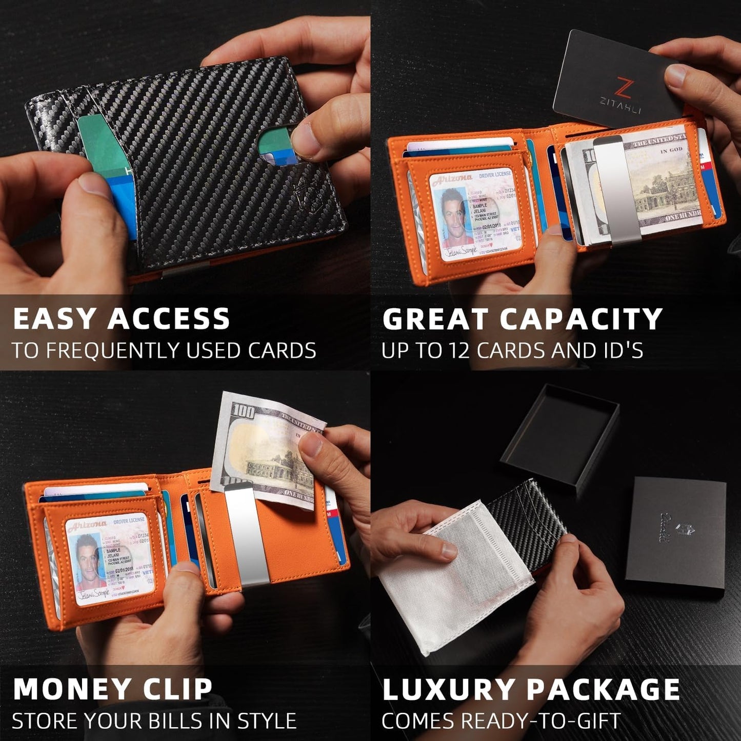 Zitahli Slim RFID Wallet for Men – Leather Bifold with Money Clip, 12 Card Slots