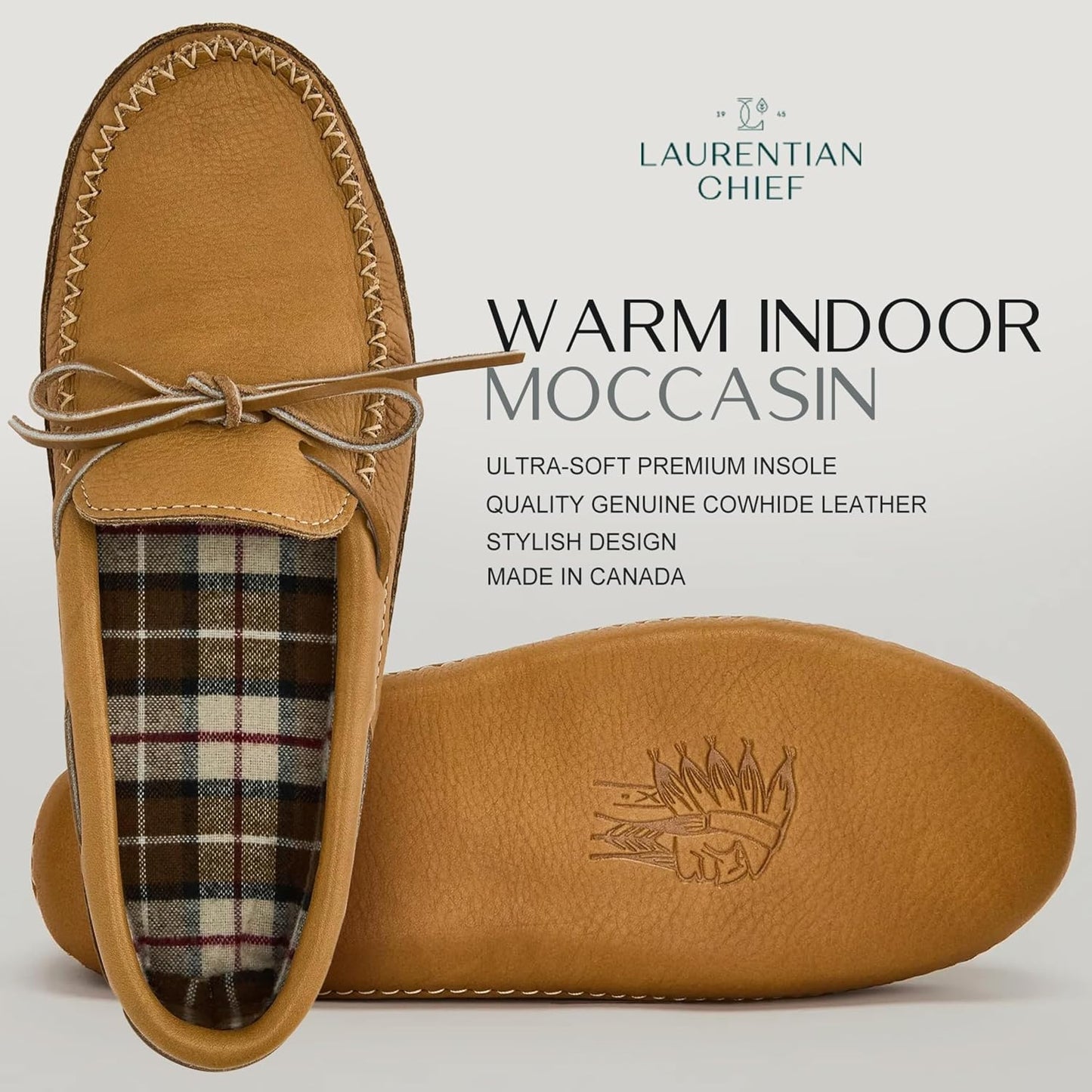 Men's Leather Moccasin Slippers – Handcrafted in Canada, Plaid Insole, Soft Sole