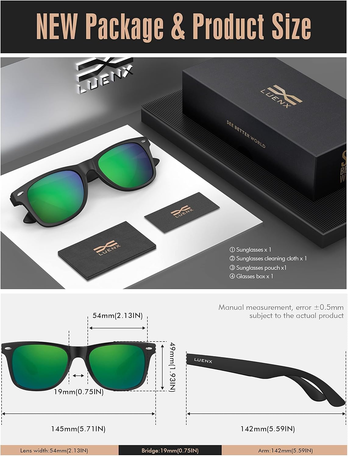 LUENX Polarized Sunglasses – UV400, Square Frame, Anti-Slip, Men & Women