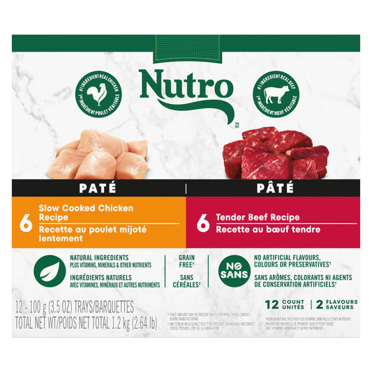 NUTRO Adult Wet Dog Food Paté, 6 Tender Beef, Sweet Potato & Carrot Recipe, 6 Slow Cooked Chicken, Potato, Carrot & Pea Recipe, 12x100g Trays 🍁 All In One Marketplace Canada