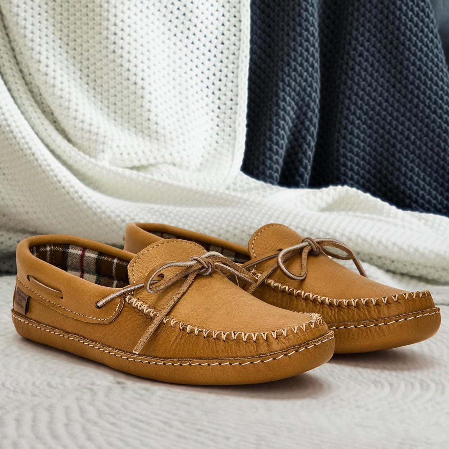 Men's Leather Moccasin Slippers – Handcrafted in Canada, Plaid Insole, Soft Sole