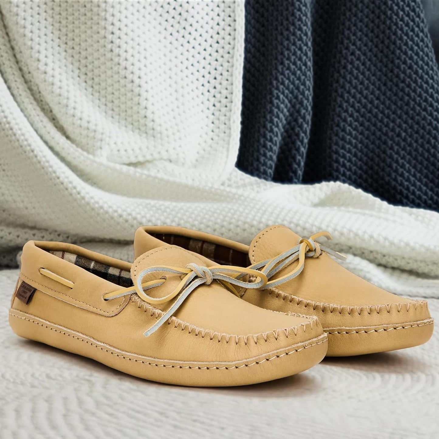 Men's Leather Moccasin Slippers – Handcrafted in Canada, Plaid Insole, Soft Sole
