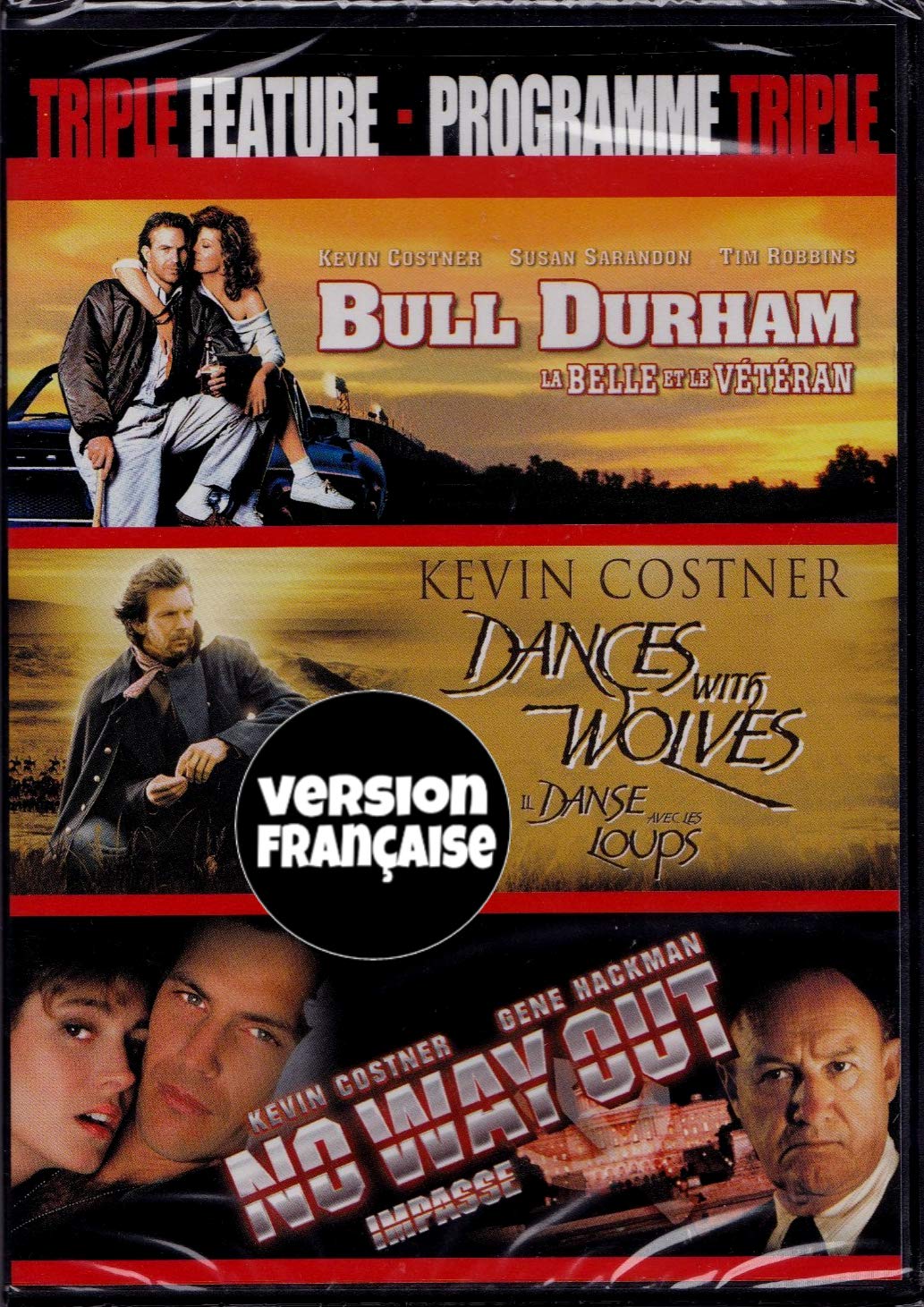 Kevin Costner : Bull Durham - La Belle et le Vétéran (1988) / Dances with Wolves - Danse avec les Loups (1990) / No Way Out - Impasse (1987) 3 Films (English/French) Régie au Québec (Cover Bilingue)