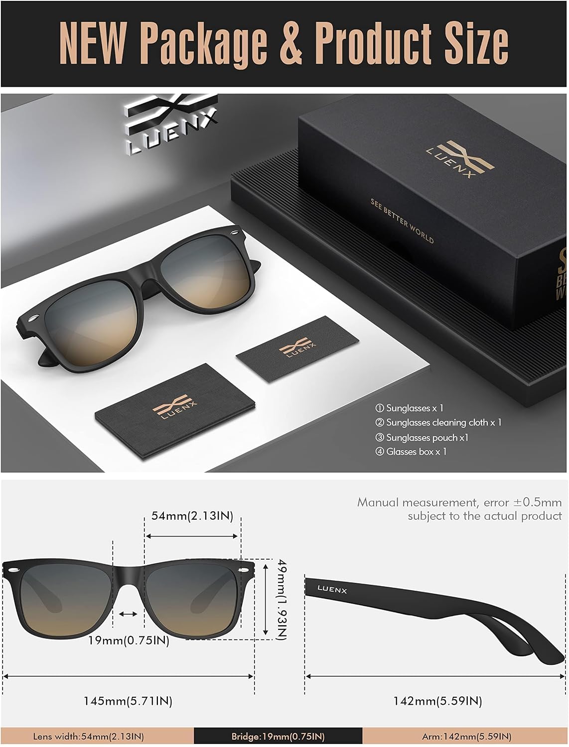 LUENX Polarized Sunglasses – UV400, Square Frame, Anti-Slip, Men & Women