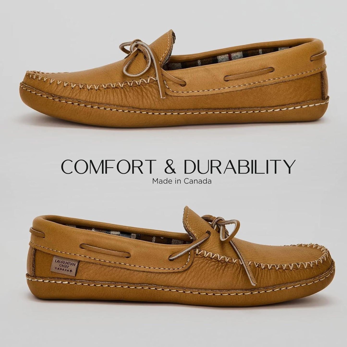Men's Leather Moccasin Slippers – Handcrafted in Canada, Plaid Insole, Soft Sole