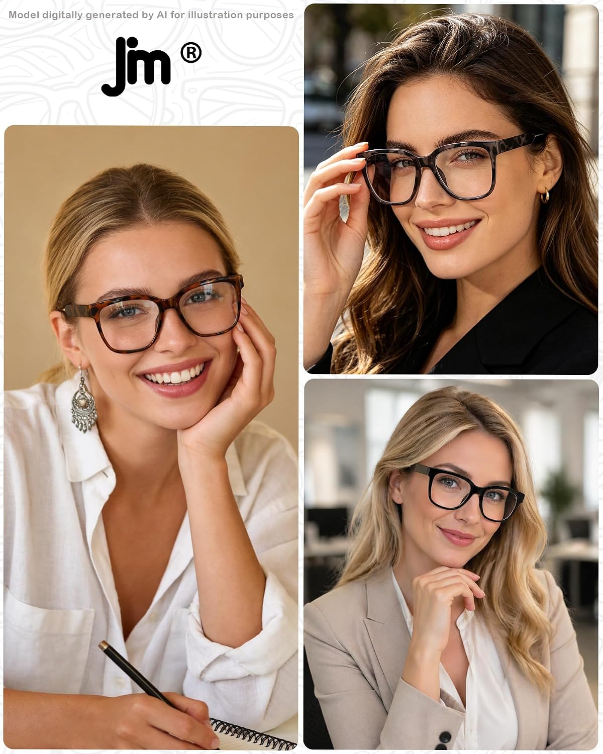 JM Oversized Reading Glasses for Women – Square Frame, Blue Light Blocking, Stylish Computer Readers