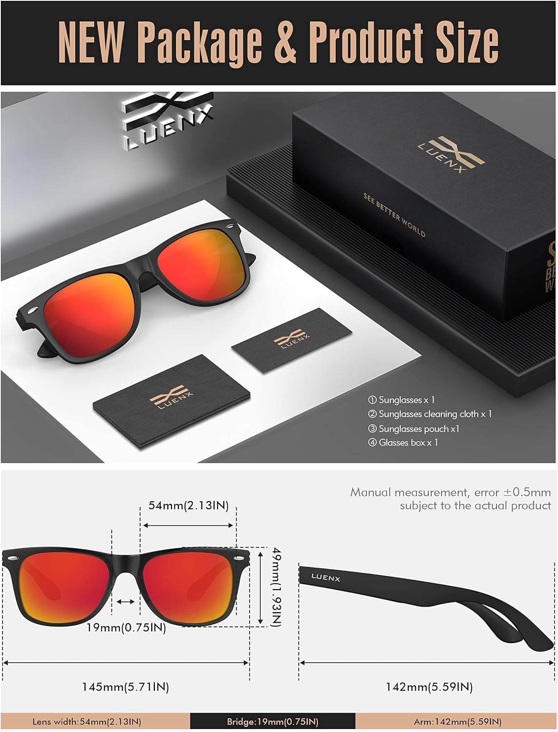 LUENX Polarized Sunglasses – UV400, Square Frame, Anti-Slip, Men & Women