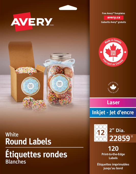 Avery Matte White Round Labels, 2" Label, for Laser/Inkjet Printers, Easy Peel, Print to Edge, 120 Permanent White Labels, Apply on Paper/Cardboard/Metal/Glass/Plastic, (22859) Made in Canada 🍁 All In One Marketplace Canada