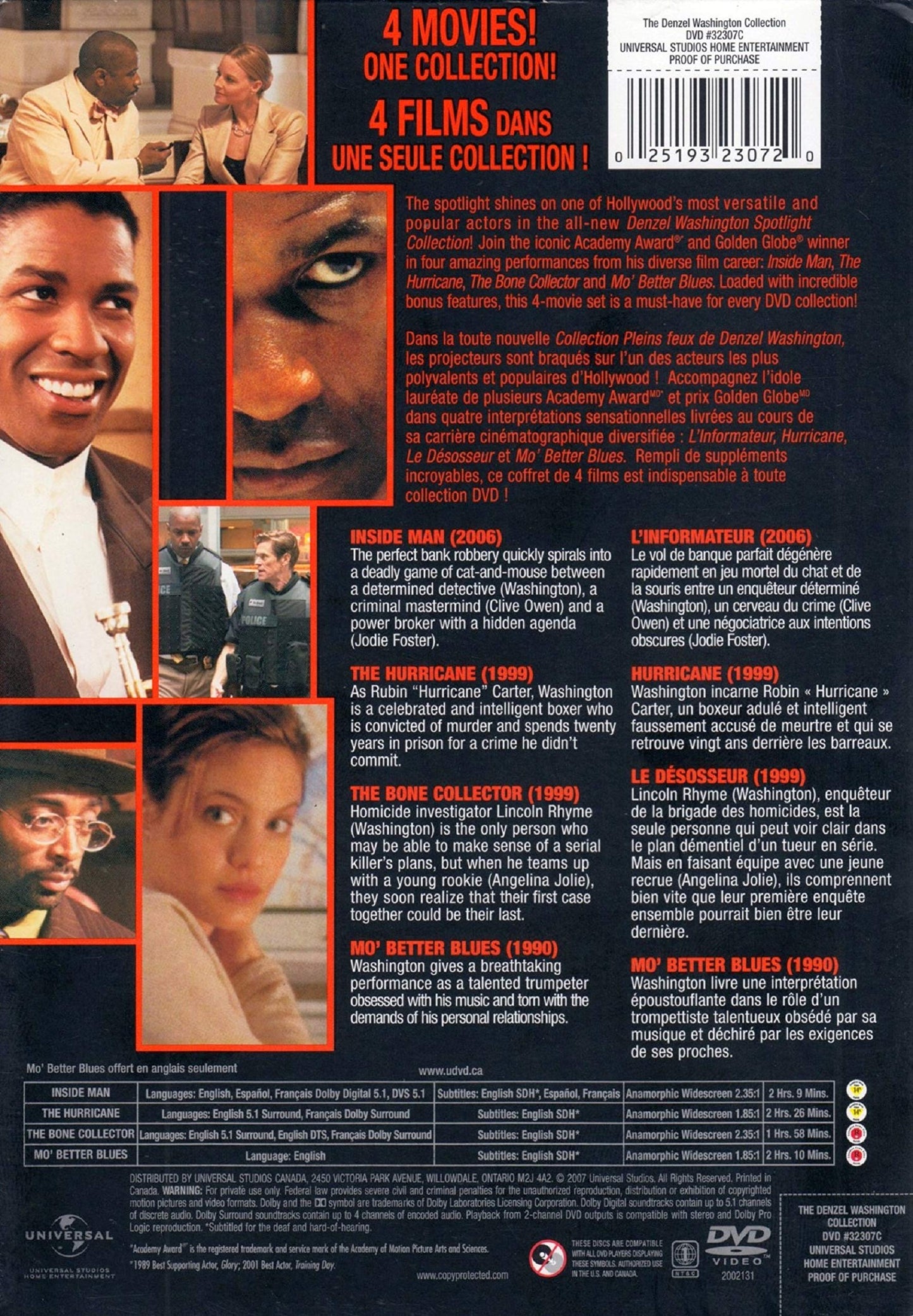 Denzel Washington Spotlight Collection: Inside Man / The Hurricane / The bone Collector / Mo' Better Blues (Bilingual)