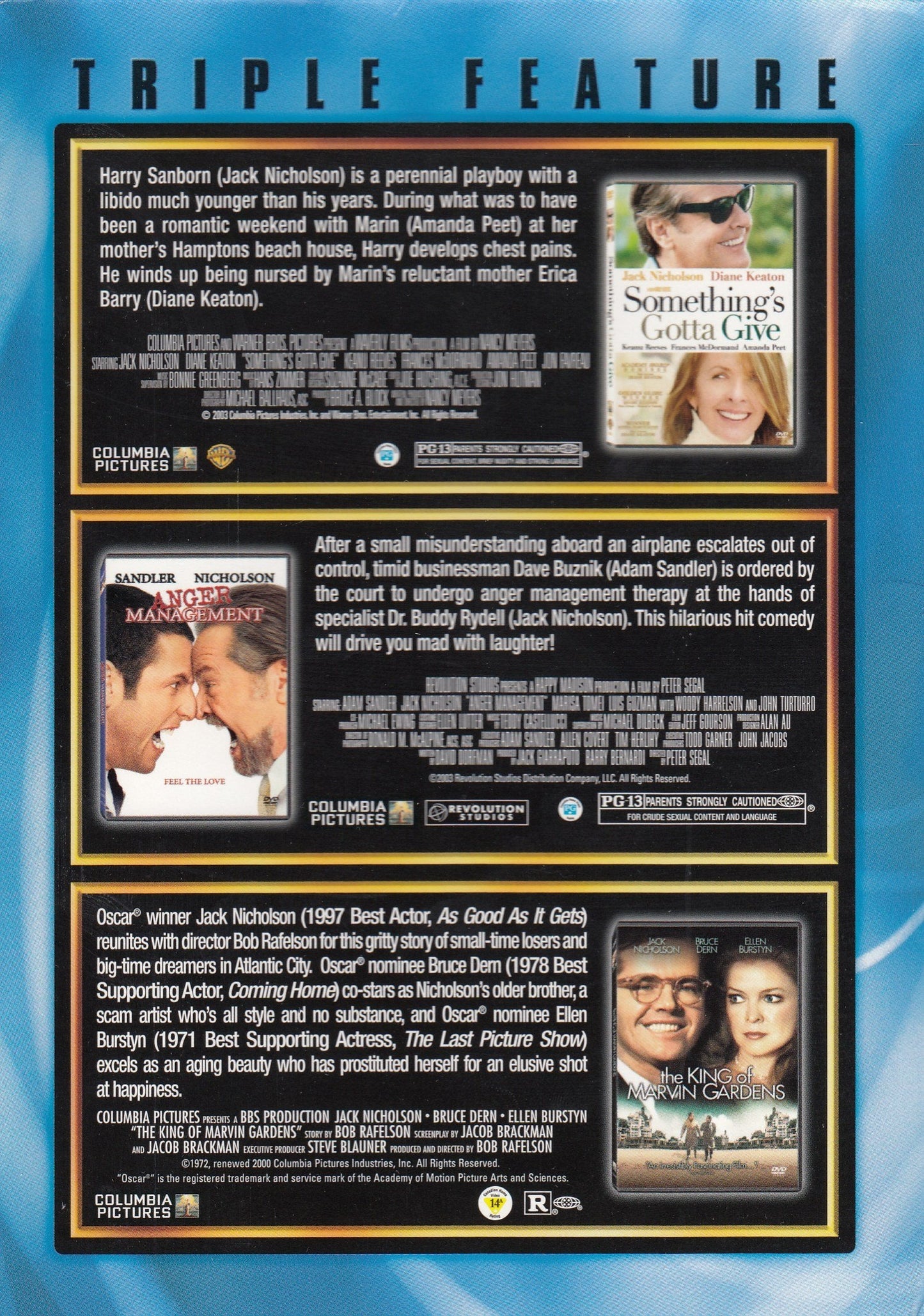 Jack Nicholson Triple Feature Something's Gotta Give / Anger Management / The King Of Marvin Gardens - DVD