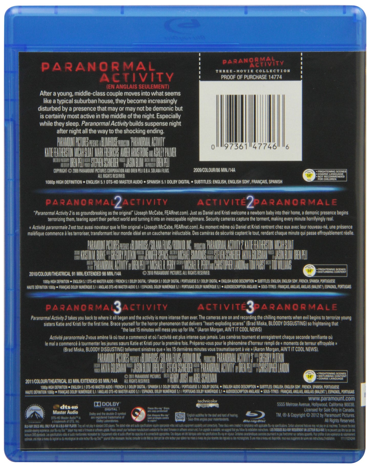 Paranormal Activity Trilogy (Paranormal Activity / Paranormal Activity 2: Unrated Director's Cut / Paranormal Activity 3) [Blu-ray] (Sous-titres français)