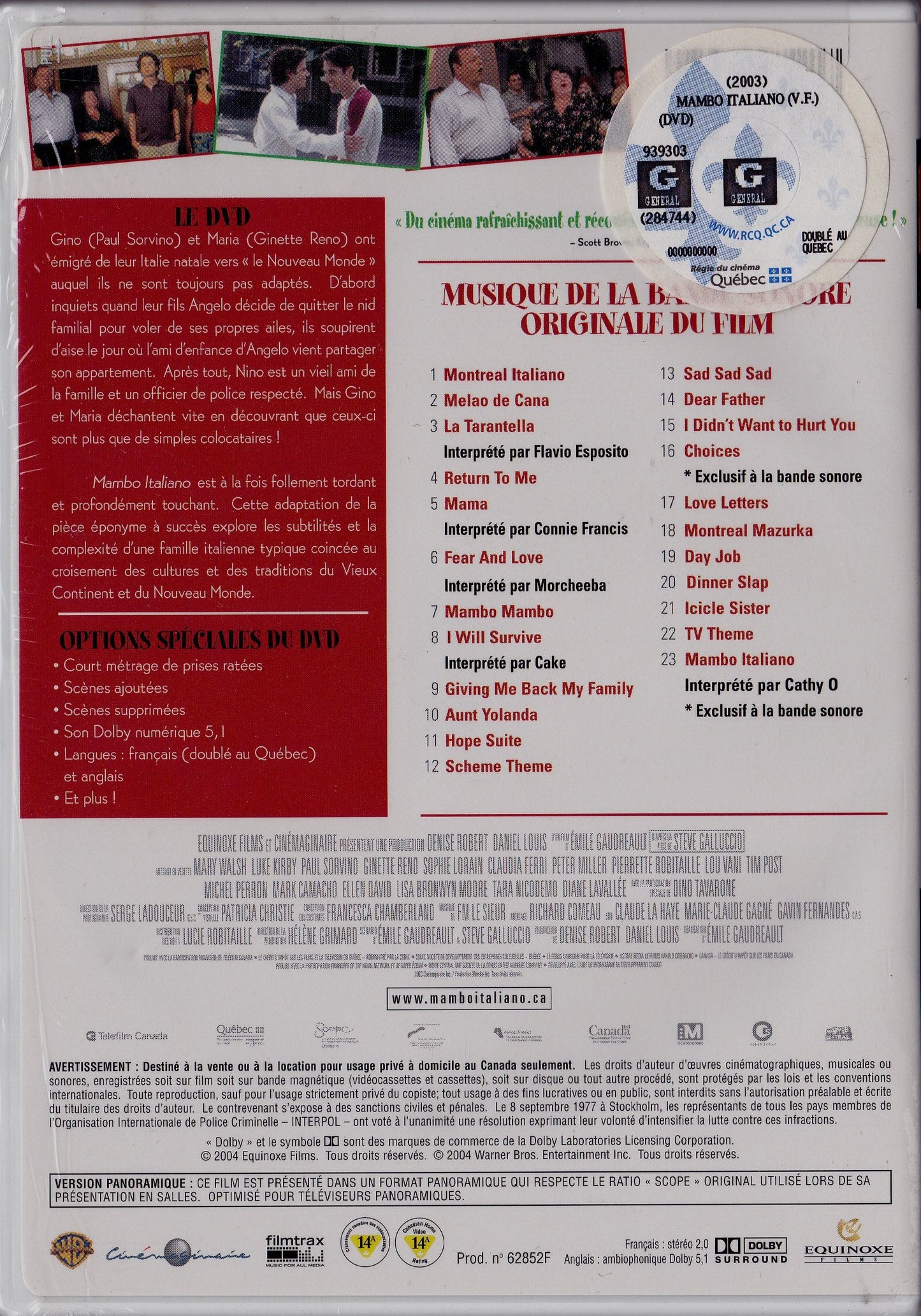Mambo Italiano (English/French) 2004 (Widescreen) Doublé au Québec (DVD + CD Soundtrack)
