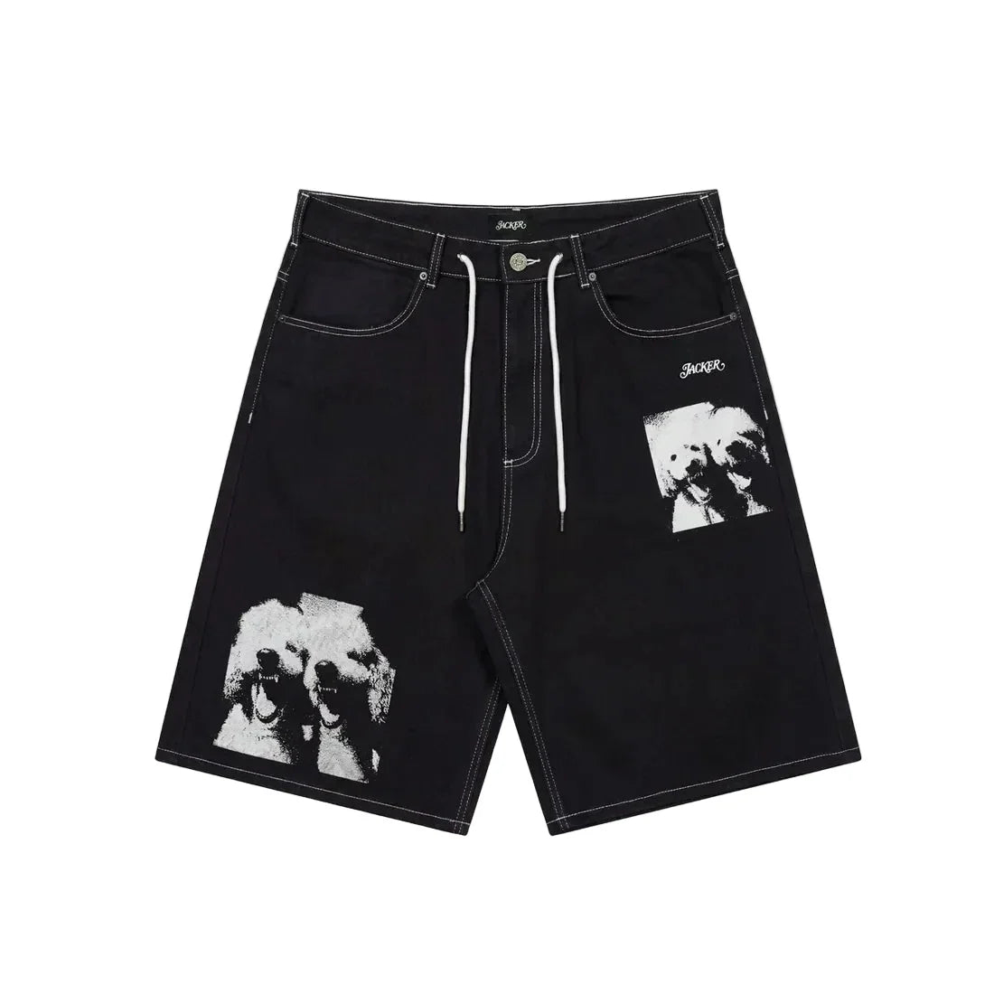 Jacker 'Poodle Pals' Denim Baggy Shorts - Black