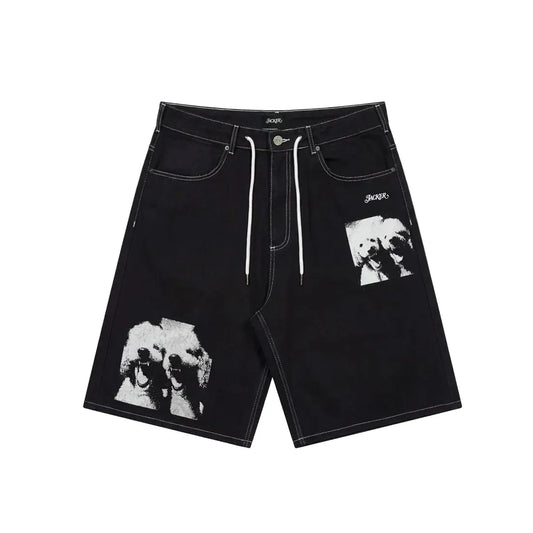 Jacker 'Poodle Pals' Denim Baggy Shorts - Black