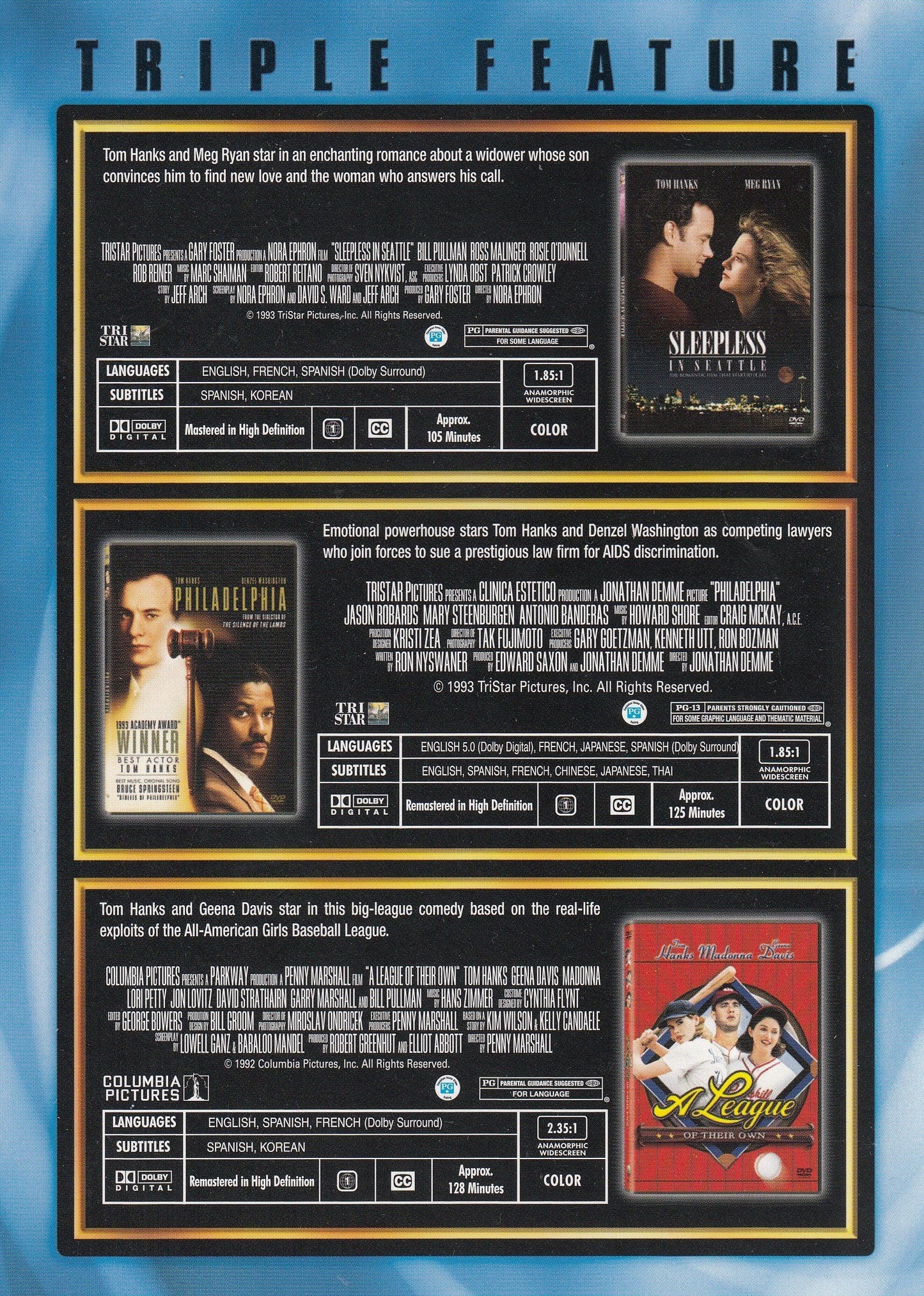 Triple Feature: Sleepless in Seattle/Philadelphia/A League of Their Own - DVD (Used)