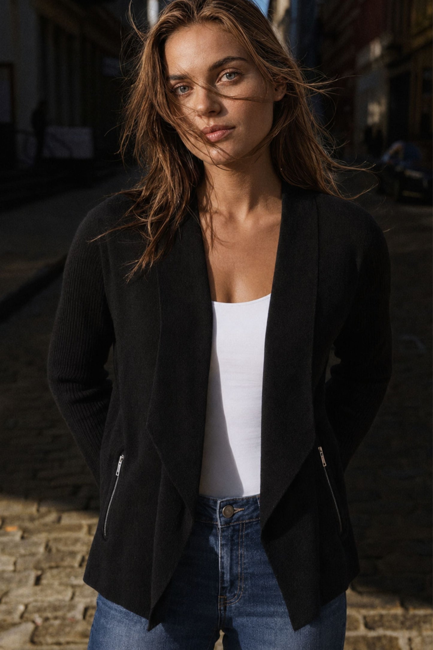 Adèle Black open Cardigan Zipper Pockets