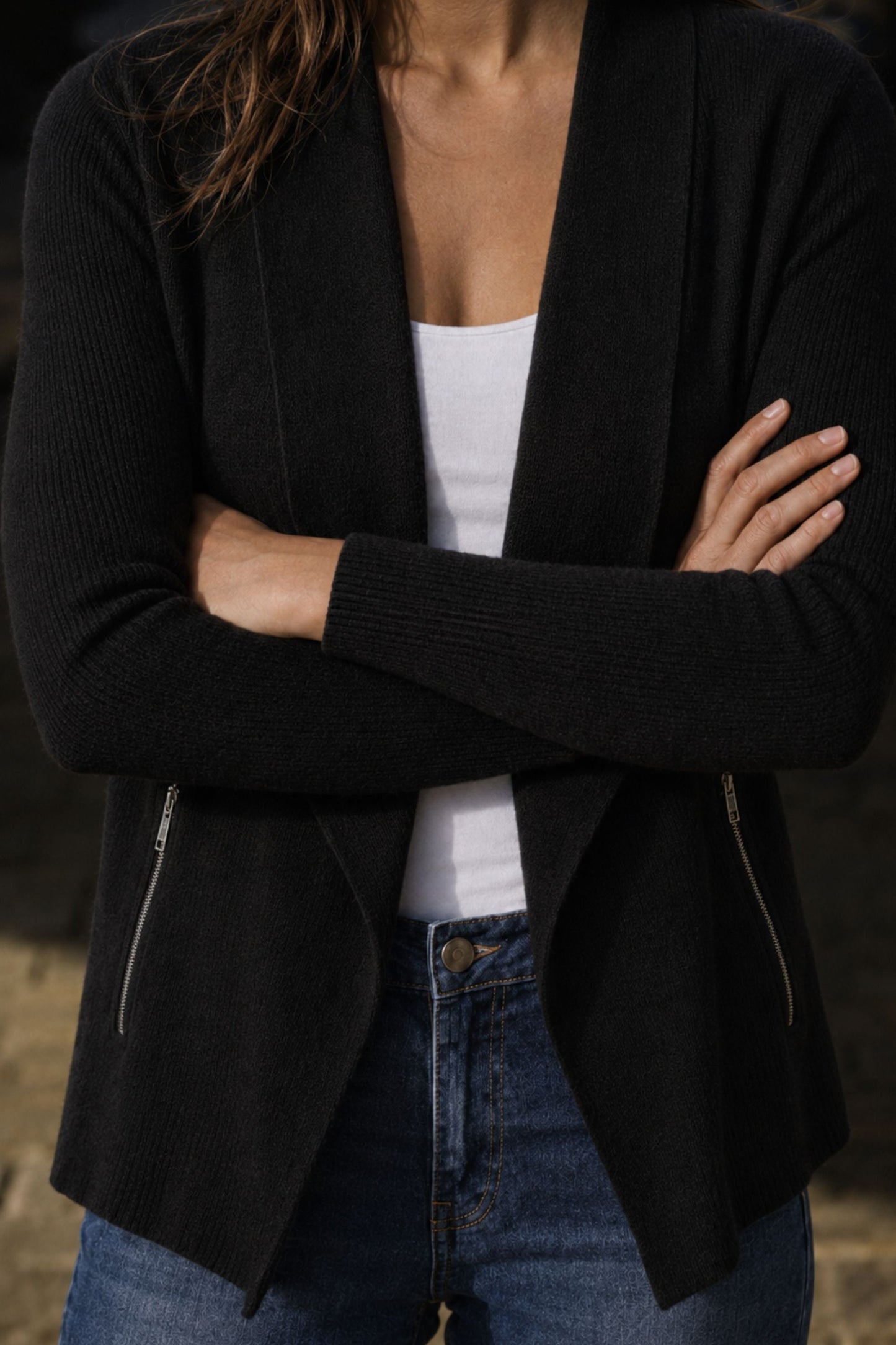 Adèle Black open Cardigan Zipper Pockets