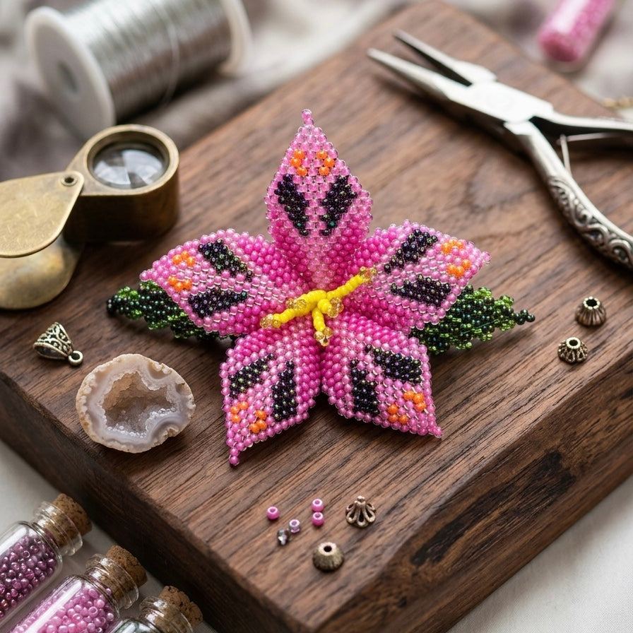 Pink Ember Bloom Beaded Hair Barrette