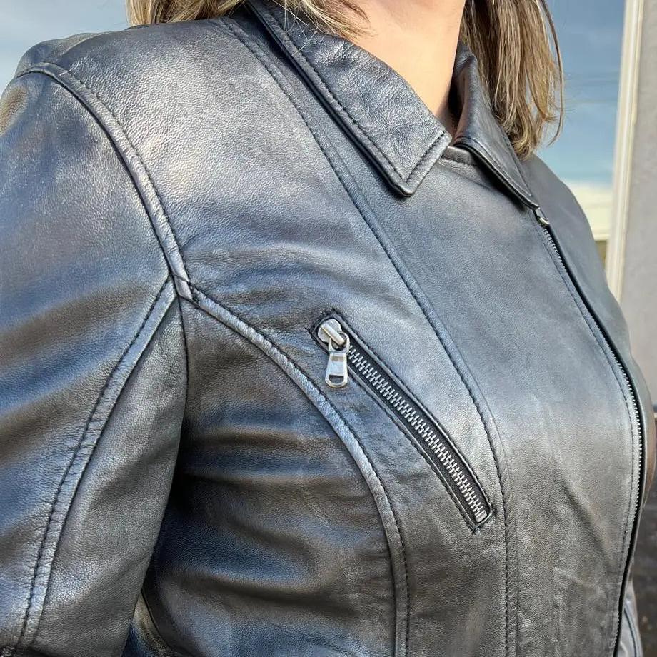 BOL Women's Lamb Leather Biker Style Jacket with Asymmetrical Zip