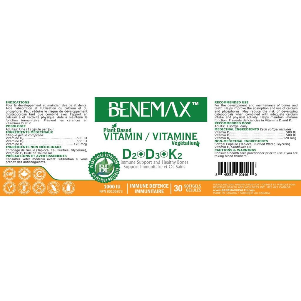 Benemax Health & Wellness PLANT BASED VITAMIN D2+D3+K2, 30 Softgels