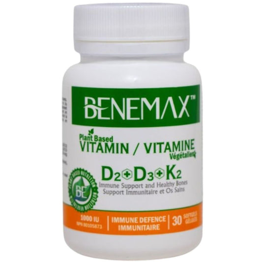 Benemax Health & Wellness PLANT BASED VITAMIN D2+D3+K2, 30 Softgels