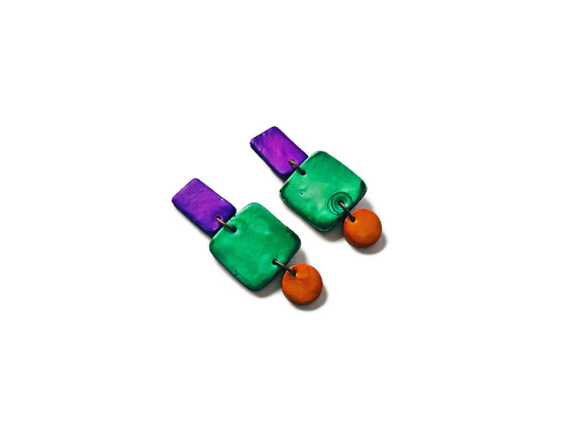 Geometric Statement Jewelry Set, Necklace & Earrings, Turquoise, Purple & Yellow